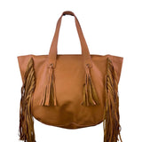 Expressions NYC Women’s Camel Brown Faux Leather Double Handle Fringe Tote Bag
