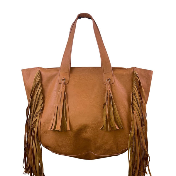 Expressions NYC Women’s Camel Brown Faux Leather Double Handle Fringe Tote Bag