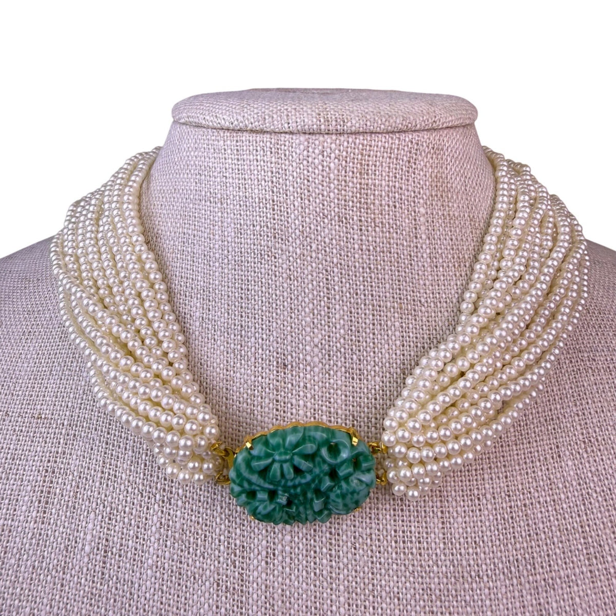 Multi-Strand Seed Pearl Necklace Green Carved Stone Centerpiece Gold Tone
