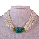 Multi-Strand Seed Pearl Necklace Green Carved Stone Centerpiece Gold Tone