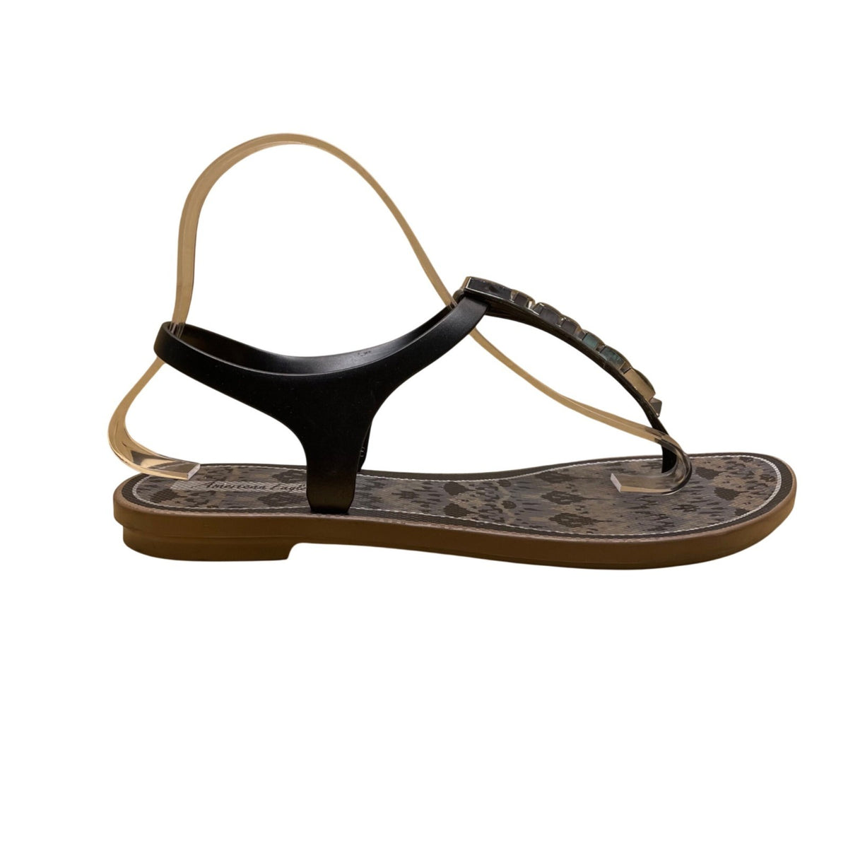 American Eagle Women’s Black Rubber Animal Print Studded T-Strap Sandals Size 9
