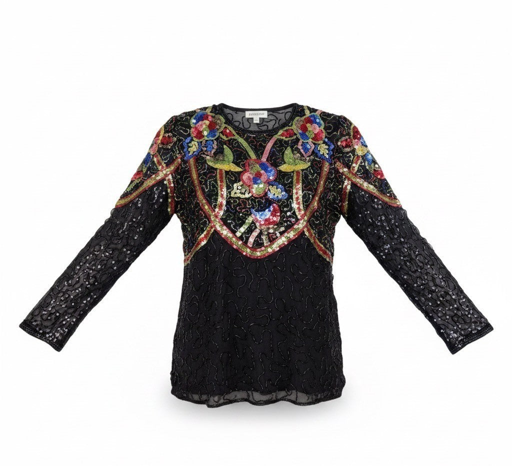 Swee Lo Womens Black Silk Beaded & Sequin Shirt Floral Design Size L