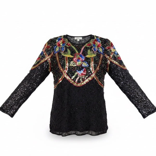 Swee Lo Womens Black Silk Beaded & Sequin Shirt Floral Design Size L