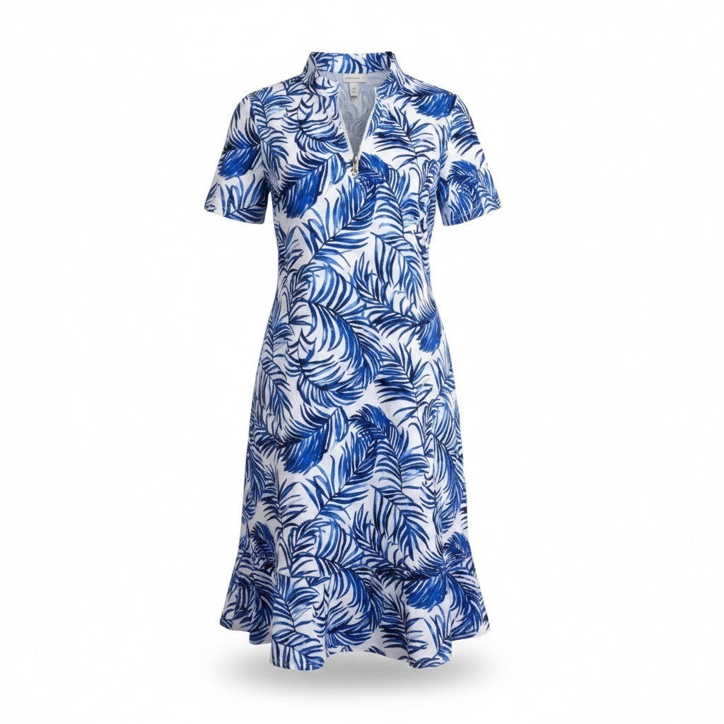 Tommy Bahama Womens Blue & White Dress Short Sleeve Zip Front Leaf Print Sz XL  