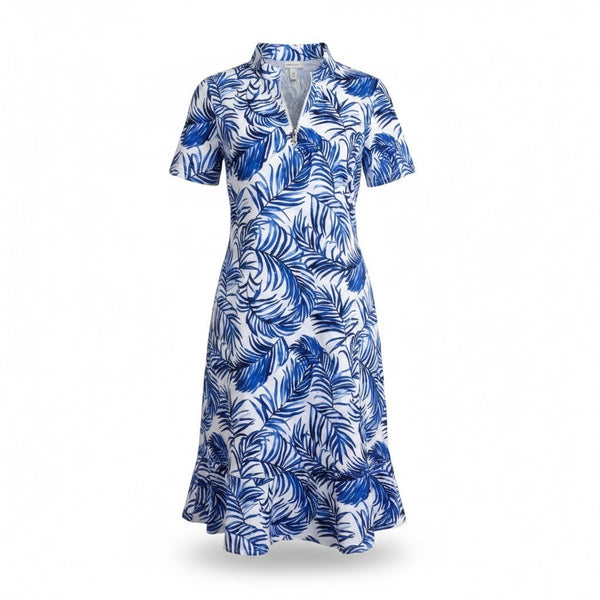 Tommy Bahama Womens Blue & White Dress Short Sleeve Zip Front Leaf Print Sz XL  