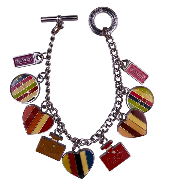 Coach Womens Silver Tone Enameled Charm Bracelet Colorful Hearts & Bottles