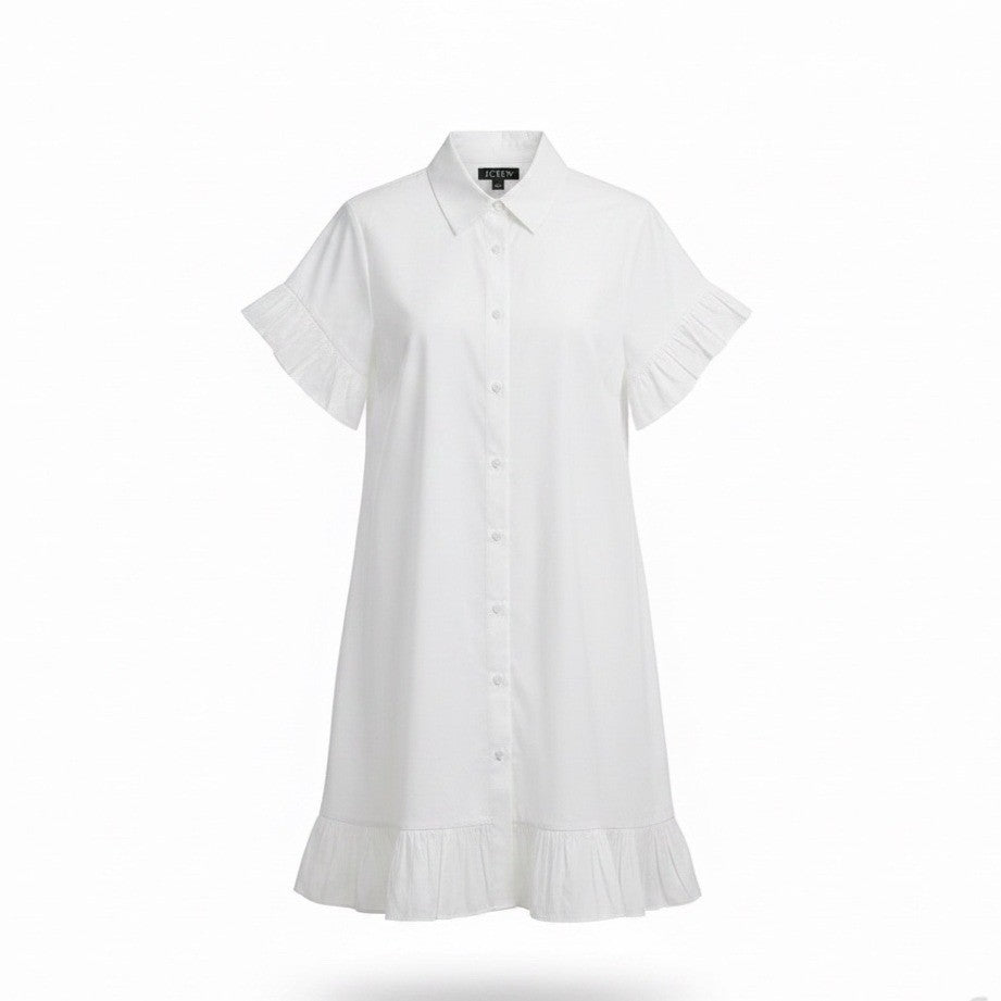 J. Crew Womens White Cotton Short-Sleeve Button-Up Ruffle Hem Dress Size S
