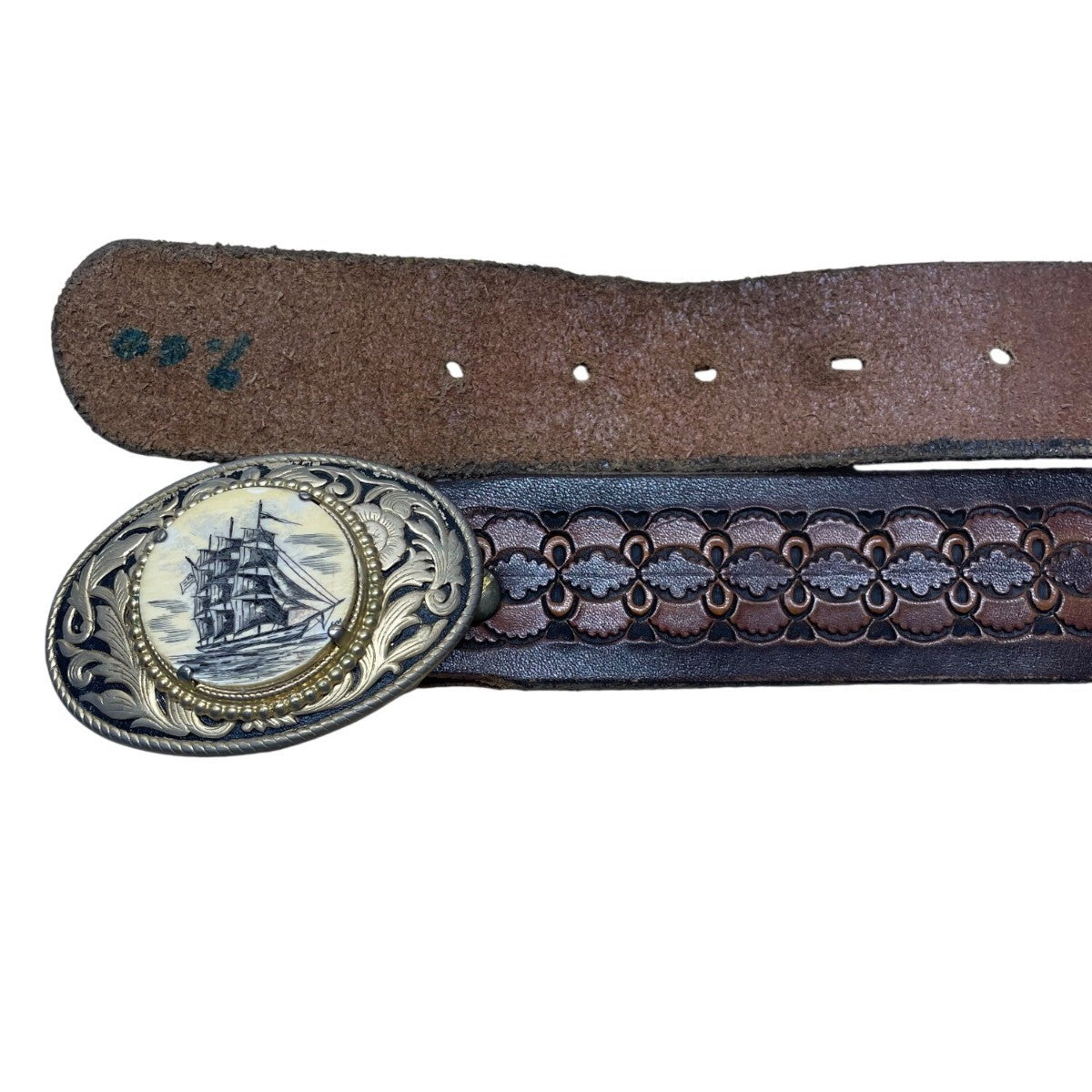 Brown Leather Mens Embossed Belt W/ Gold Oval Ship Engraved Buckle