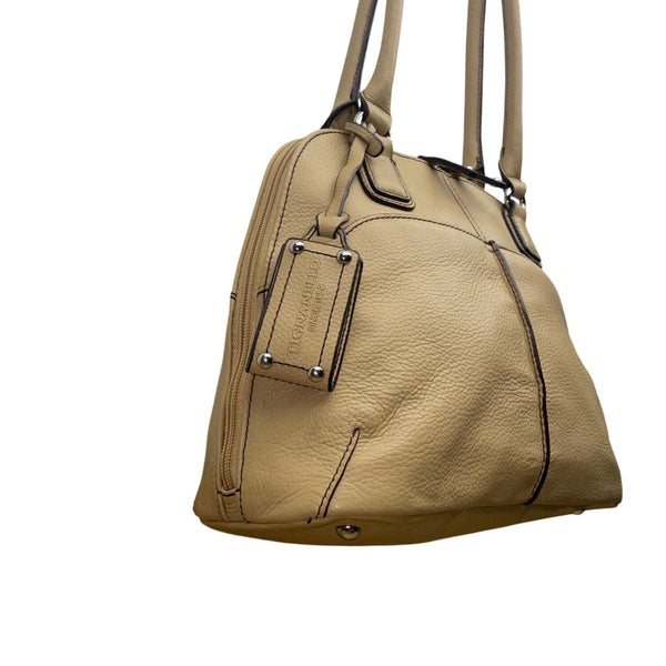 Tignanello Women’s Beige Genuine Leather Pebbled Shoulder Bag With Zip Closure