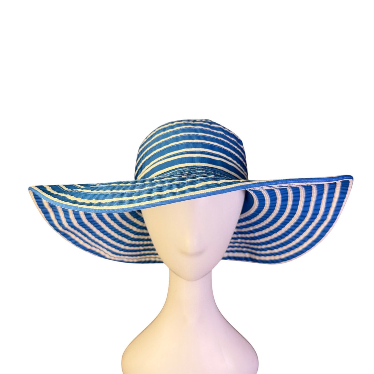 Kokin Womens Blue & White Striped Floppy Wide Brim Sun Hat Ribbon Tie