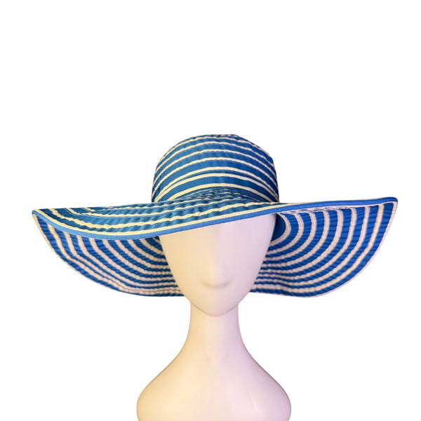 Kokin Womens Blue & White Striped Floppy Wide Brim Sun Hat Ribbon Tie