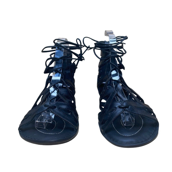 Born Crown Women’s Black Leather Lace-Up  Gladiator Sandals Size 10M