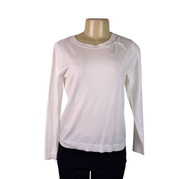 La Vila Milano Womens Eggshell Knit Sweater Bow Detail Long Sleeves Sz XS