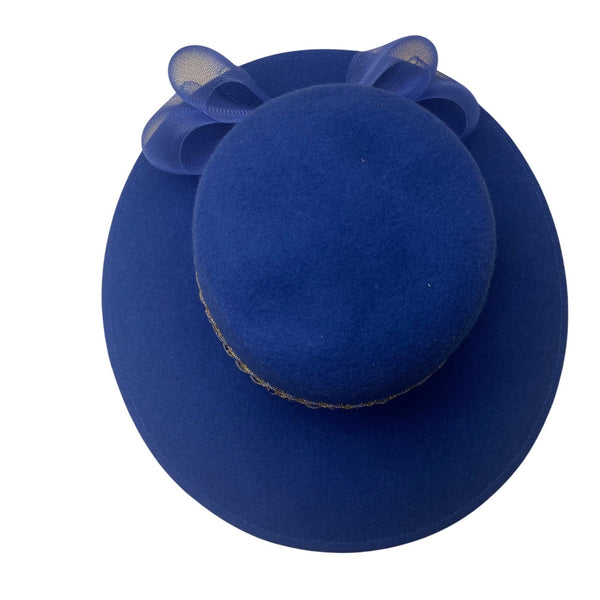 Glory II Womens Blue Wool Dress Hat With Decorative Band & Mesh Bow