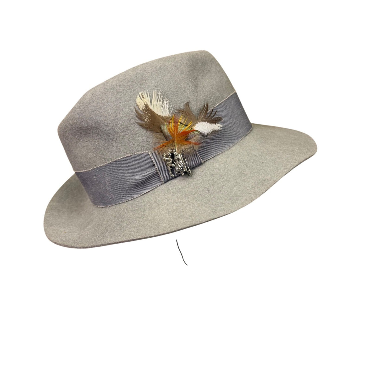Vintage Gray Wool Felt Feather Mens Fedora Hat With Grosgrain Ribbon Band 7 1/4