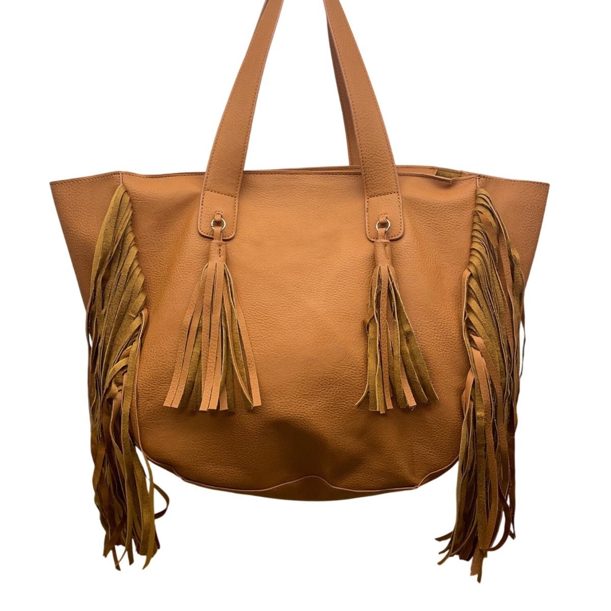 Expressions NYC Women’s Camel Brown Faux Leather Double Handle Fringe Tote Bag