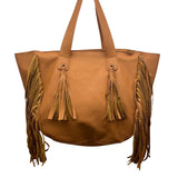Expressions NYC Women’s Camel Brown Faux Leather Double Handle Fringe Tote Bag