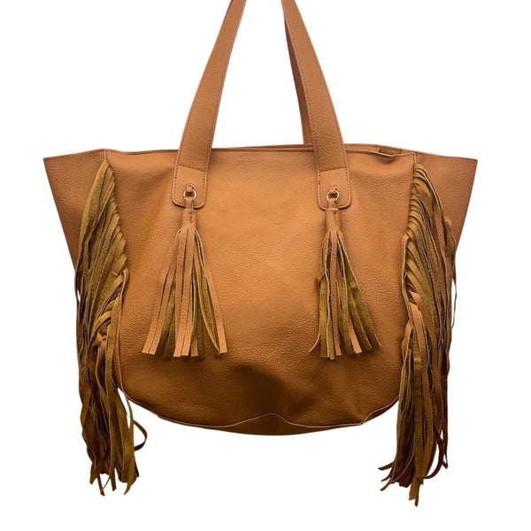Expressions NYC Women’s Camel Brown Faux Leather Double Handle Fringe Tote Bag