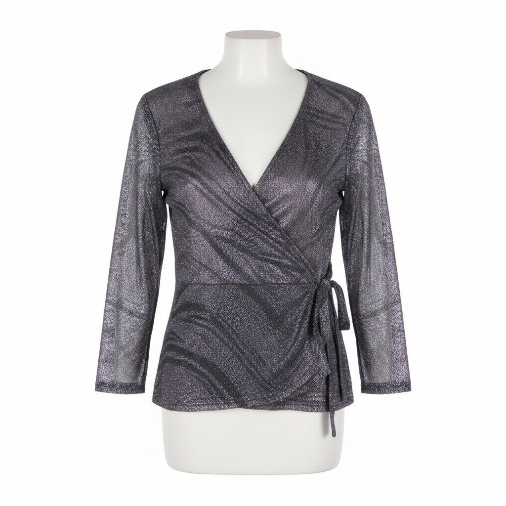 Zero 2 Eight Women’s Black Metallic Sheer Wrap Shirt With V-Neck Size L