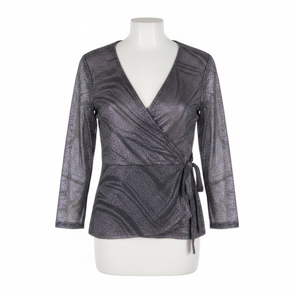Zero 2 Eight Women’s Black Metallic Sheer Wrap Shirt With V-Neck Size L