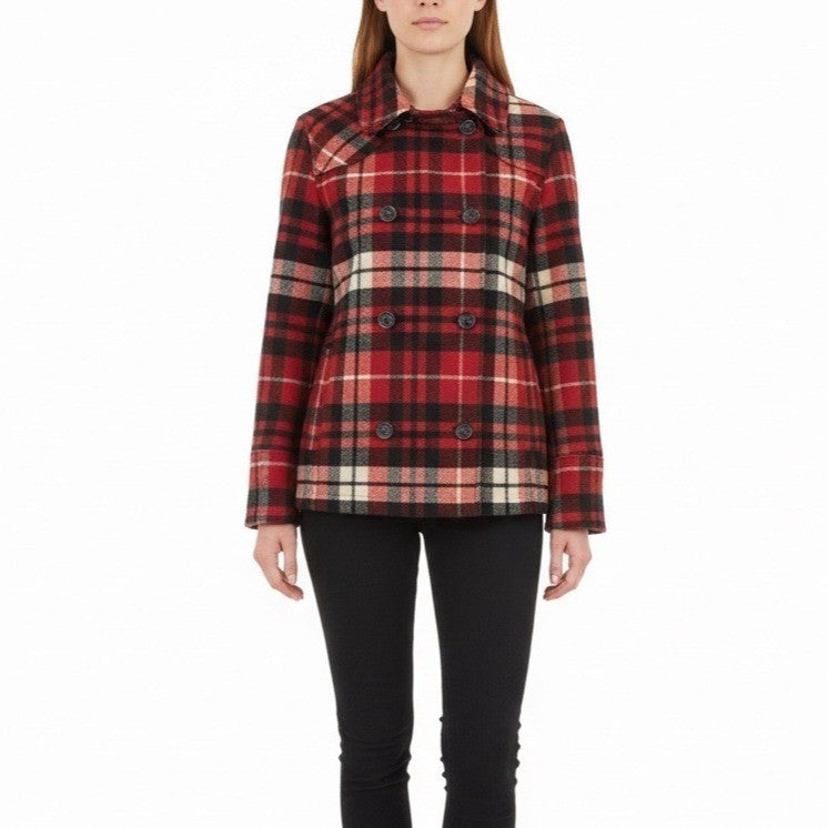 Woolrich Womens Red Plaid Wool Blend Double-Breasted Jacket Winter Coat Size L