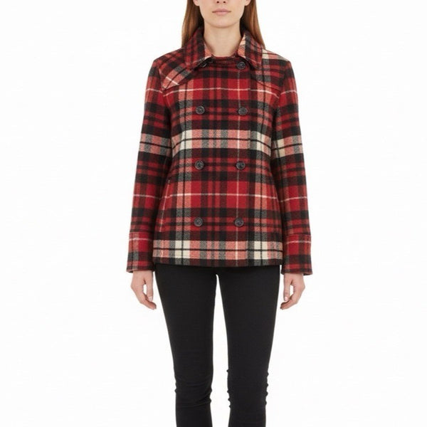 Woolrich Womens Red Plaid Wool Blend Double-Breasted Jacket Winter Coat Size L