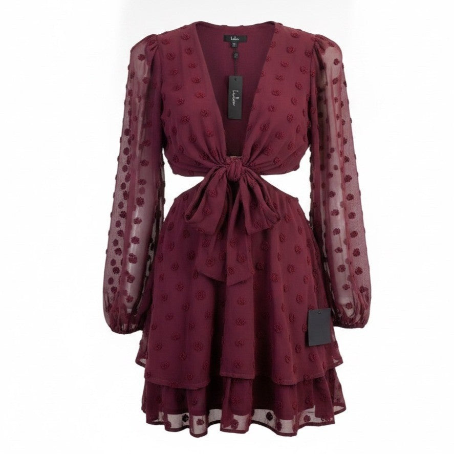 Lulus Womens Burgundy Tie-Front Long Sleeve Dress Ruffle Hem Polka Dot Sz XL