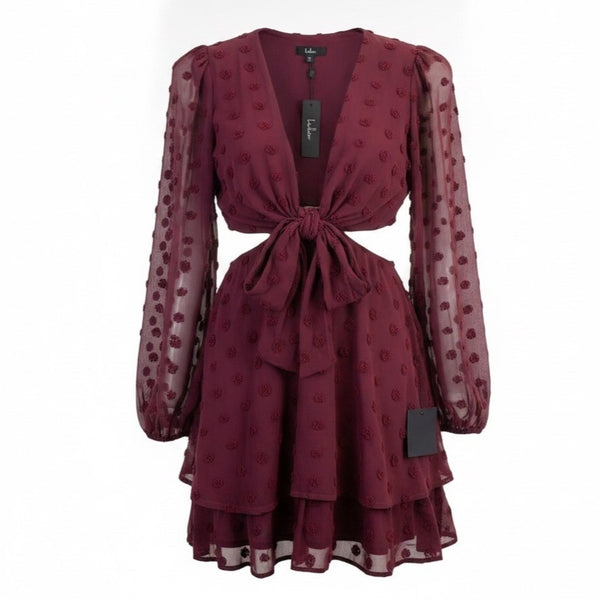 Lulus Womens Burgundy Tie-Front Long Sleeve Dress Ruffle Hem Polka Dot Sz XL