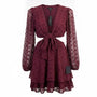 Lulus Womens Burgundy Tie-Front Long Sleeve Dress Ruffle Hem Polka Dot Sz XL
