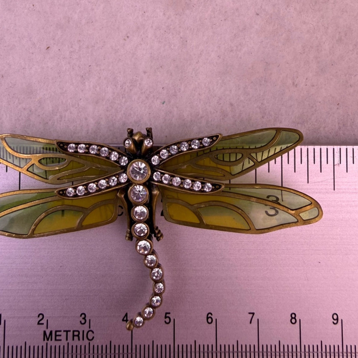 Kenneth Jay Lane Gold Tone & Green Rhinestone Dragonfly Brooch Enamel Wings