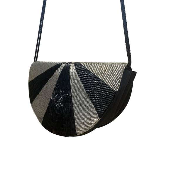 Impo Women’s Black & Silver Beaded Striped Half-Moon Crossbody Bag