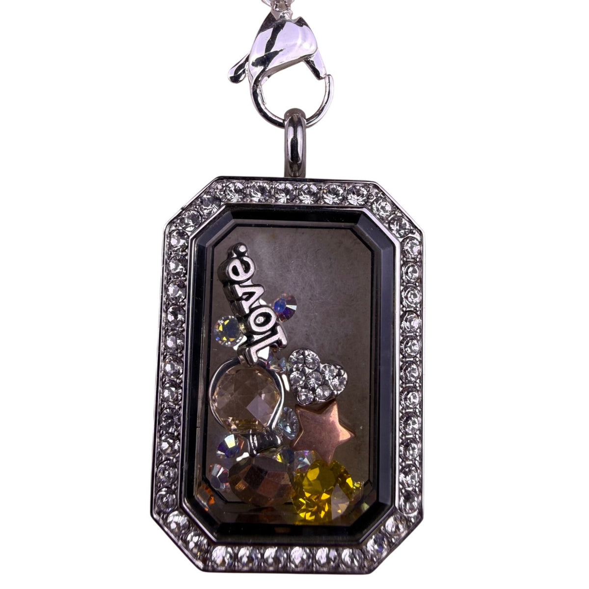 Origami Owl Women’s Silver Tone Necklace With Crystal Locket “Love” Charm
