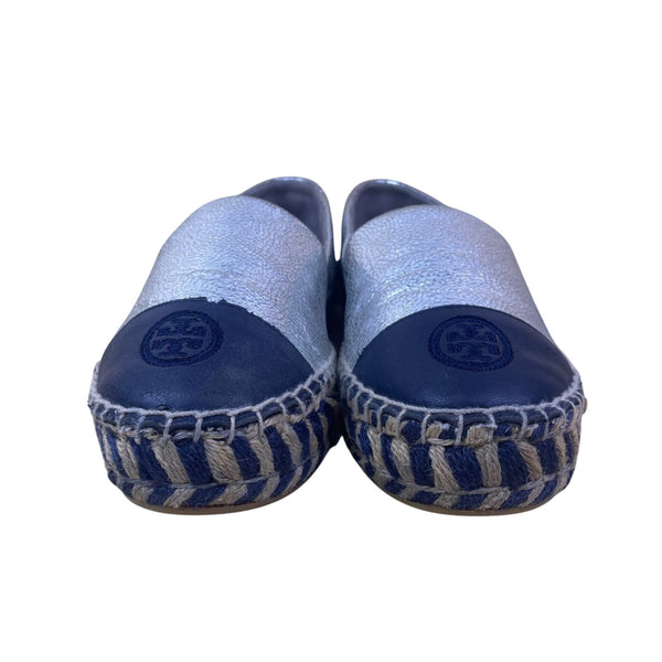 Tory Burch Women’s Silver & Blue Leather Metallic Slip-On Espadrille Shoes Sz 7M