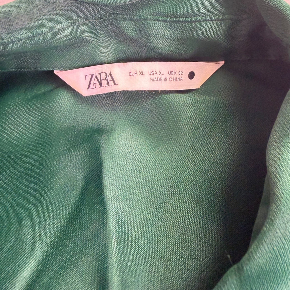 Zara Womens Green Satin Button-Up Long Sleeve Shirt Chic Fashion Sz XL