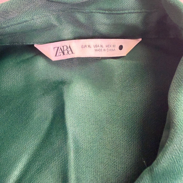 Zara Womens Green Satin Button-Up Long Sleeve Shirt Chic Fashion Sz XL