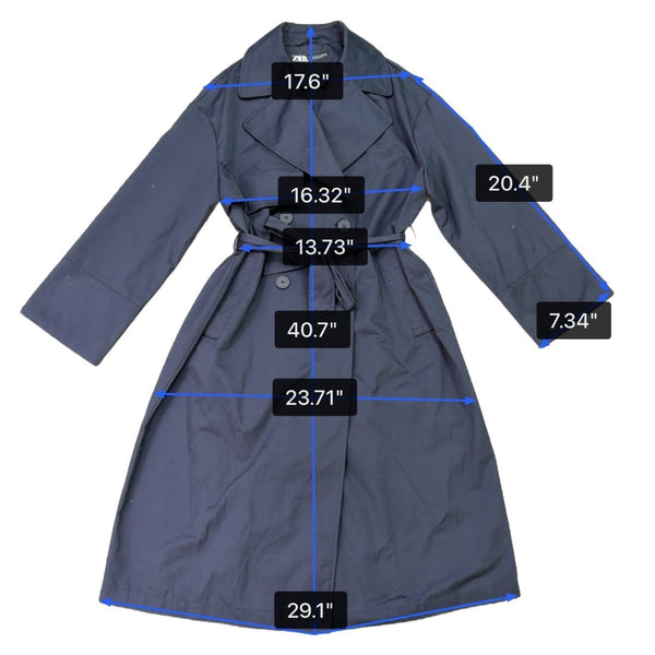 Zara Womens Navy Belted Double-Breasted Trench Coat Long Classic Style Sz M