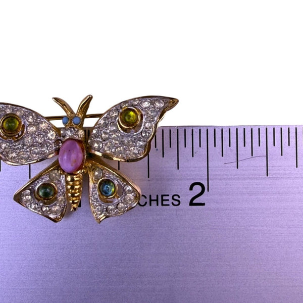 Gold Tone Women Gold & Pink Butterfly Rhinestone Brooch With Cabochon Stone