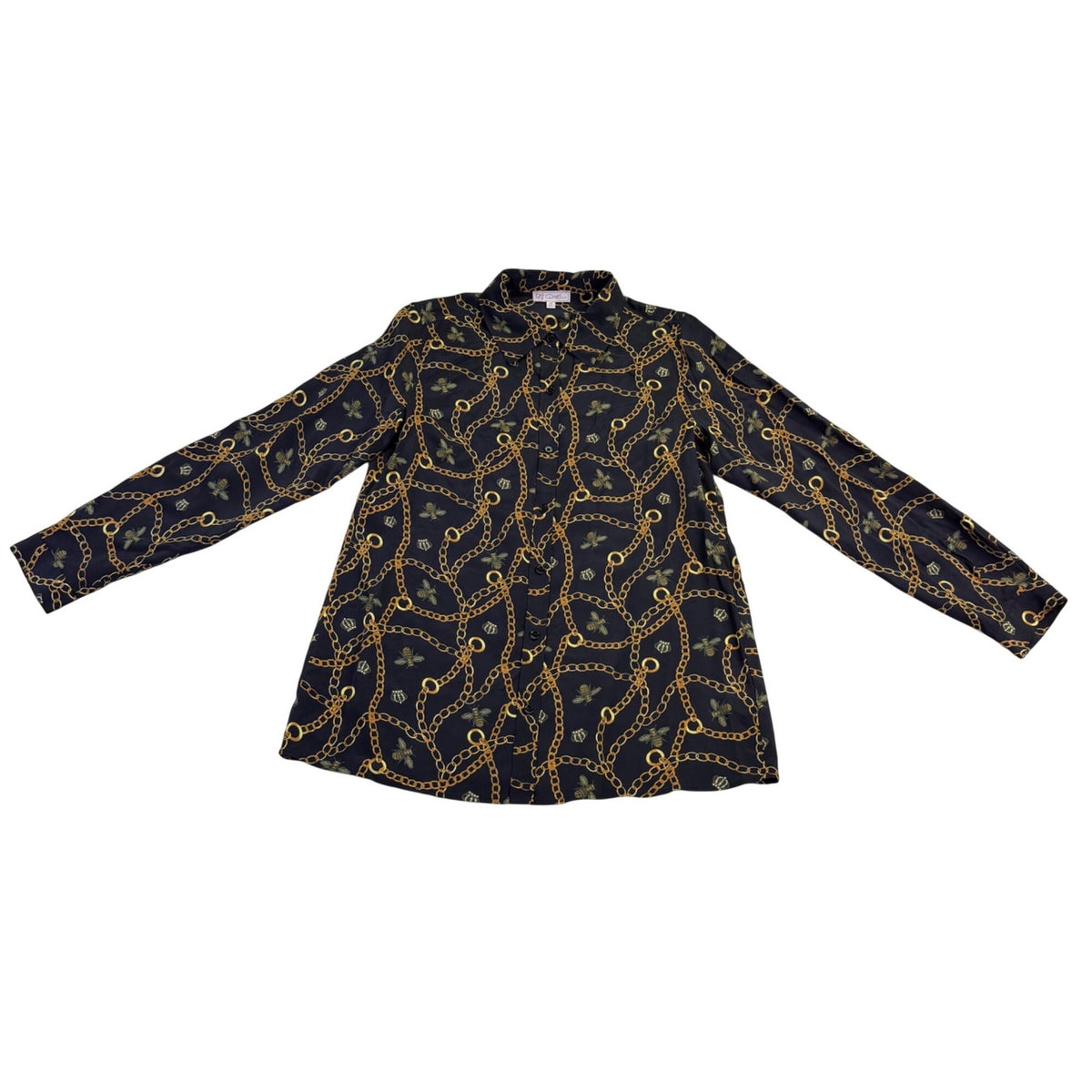 D2 Womens Black Gold Chain Bee Pattern Button-Up Blouse Long Sleeves Size M