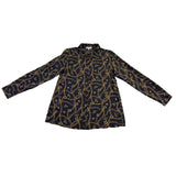 D2 Womens Black Gold Chain Bee Pattern Button-Up Blouse Long Sleeves Size M