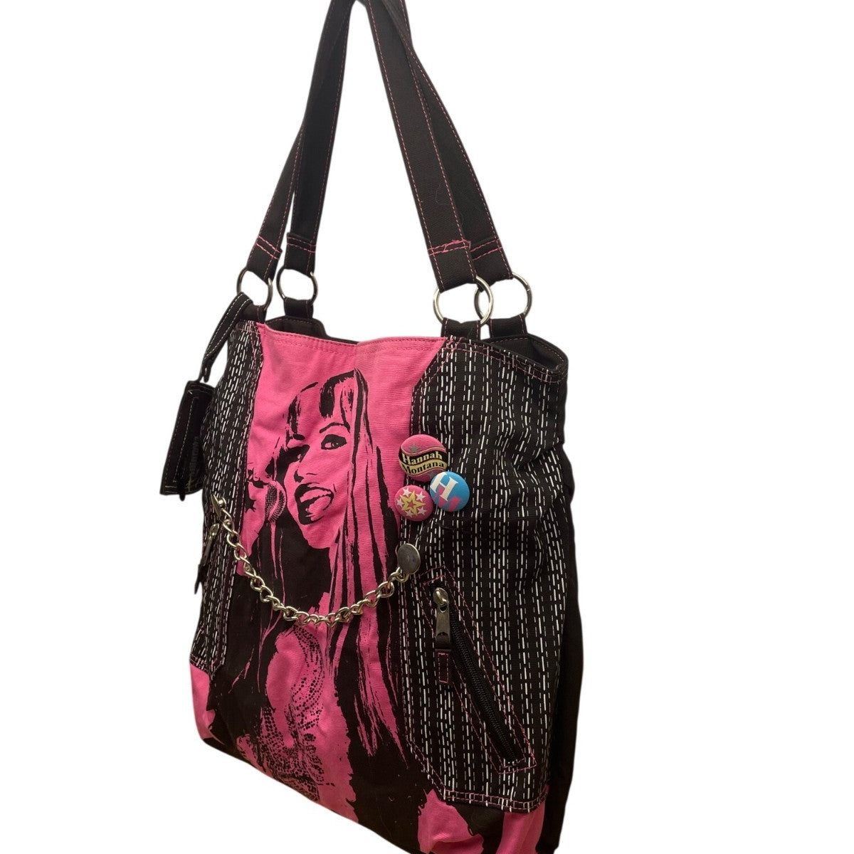 Disney Hannah Montana Pink & Black Tote Bag With Chain Detail & Buttons Graphic