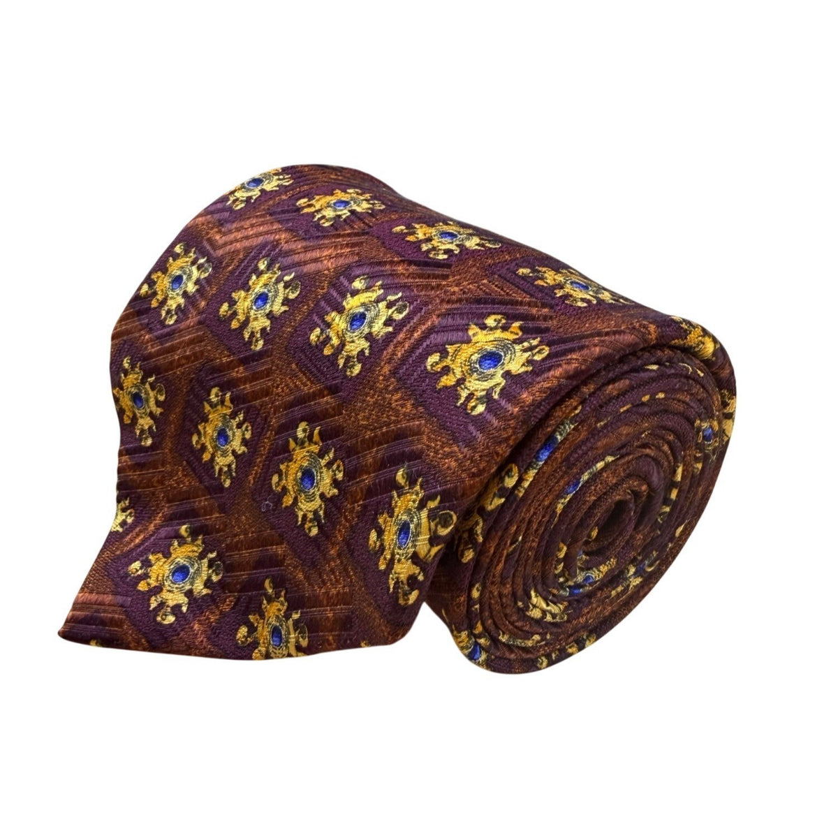Robert Talbott Extra-Long Silk Mens Patterned Tie Brown/Yellow/Blue Hand Sewn