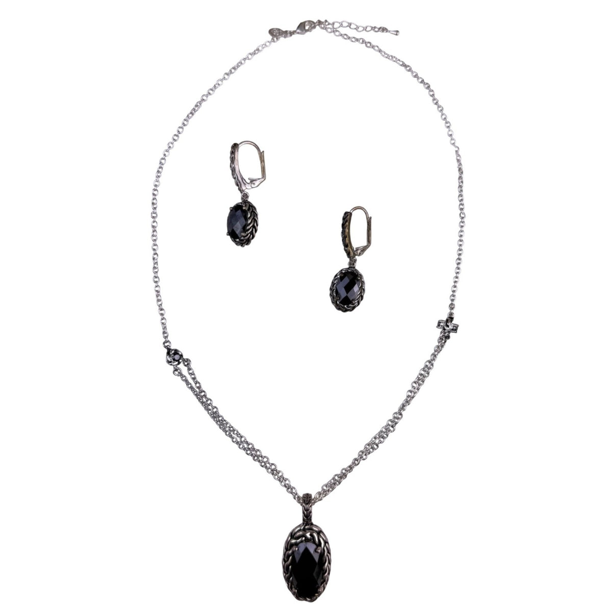 Premier Designs Womens Silver Tone Necklace & Earrings Set Black Oval Pendant