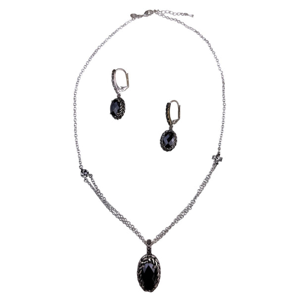 Premier Designs Womens Silver Tone Necklace & Earrings Set Black Oval Pendant