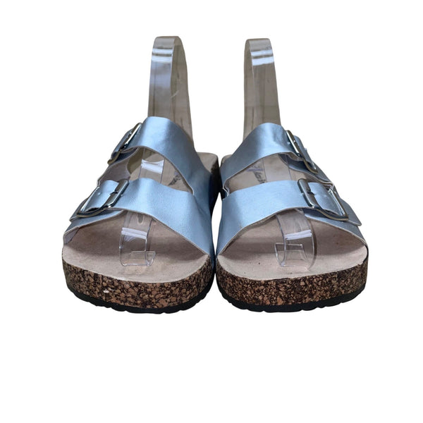 Alexis Bendel Women’s Silver Double-Buckle Cork Sole Kylie Slip-On Sandal Size 9