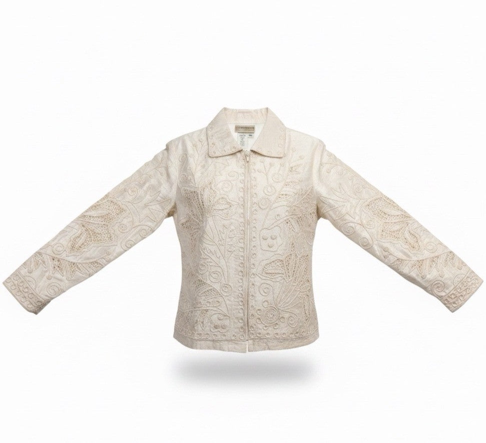 Coldwater Creek Womens Ivory 100% Silk Embroidered Long Sleeve Jacket Size S