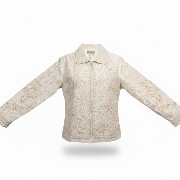 Coldwater Creek Womens Ivory 100% Silk Embroidered Long Sleeve Jacket Size S
