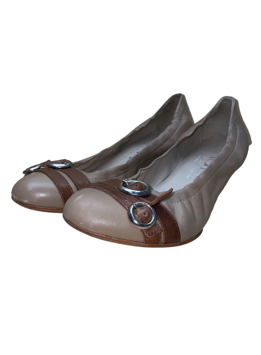 AGL Women’s Beige Brown Leather Buckle Accent Ballet Style Flats Size 39