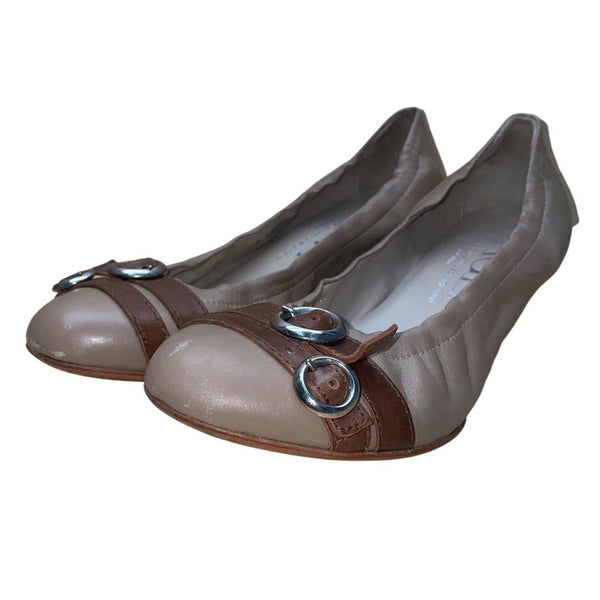 AGL Women’s Beige Brown Leather Buckle Accent Ballet Style Flats Size 39