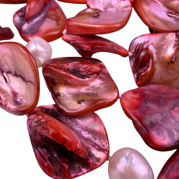 Red Pink Womens Shell & Pearl Long Necklace