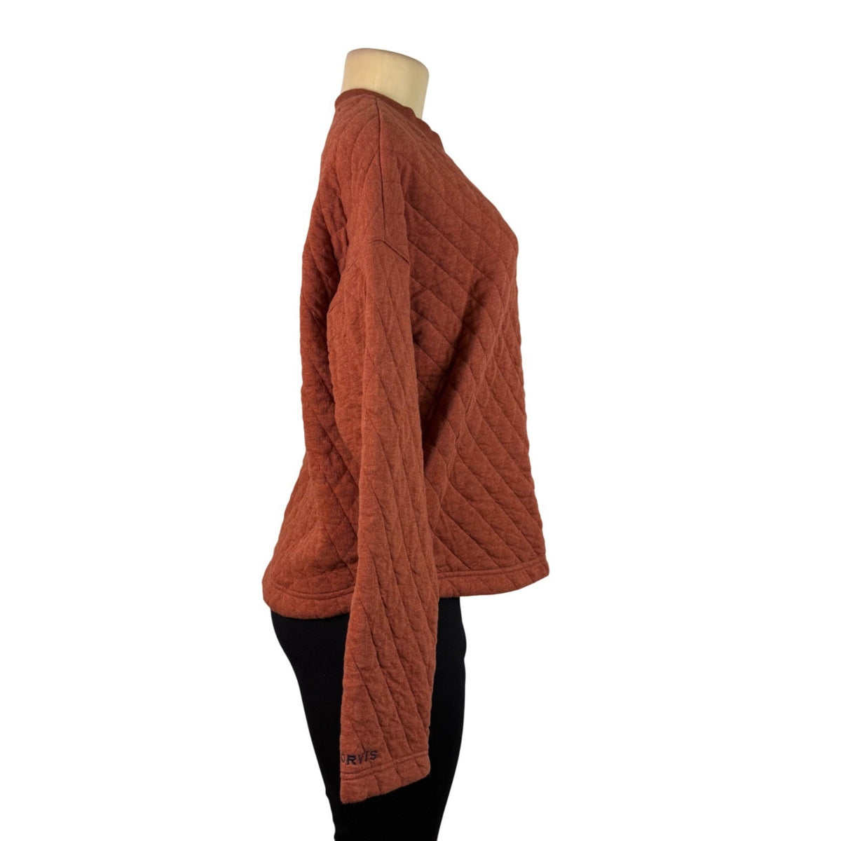Orvis Womens Rust Quilted Crew Neck Pullover Sweatshirt W/ Button Detail Sz S